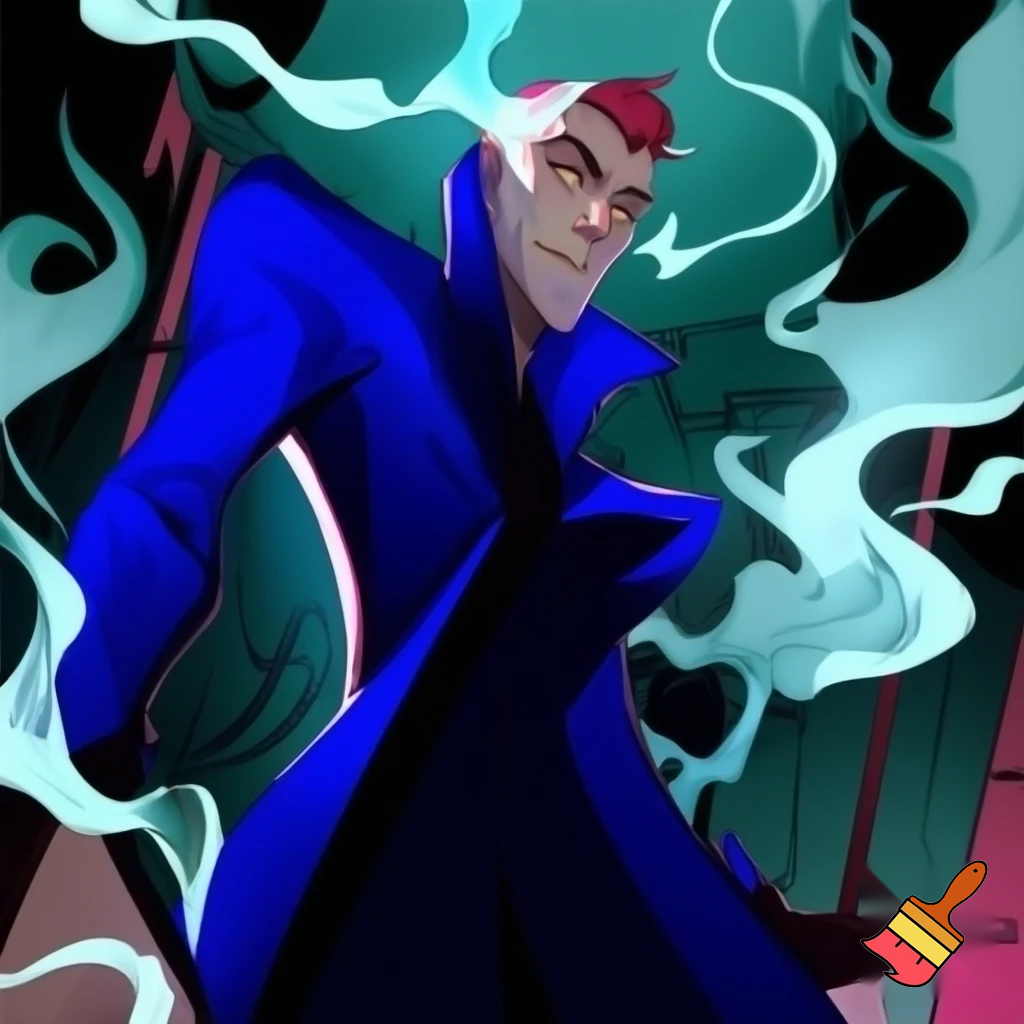 Percival de rolo from Vox Machina in the art style of hazbin hotel wearing his signature blue overcoat and smoke curling around him