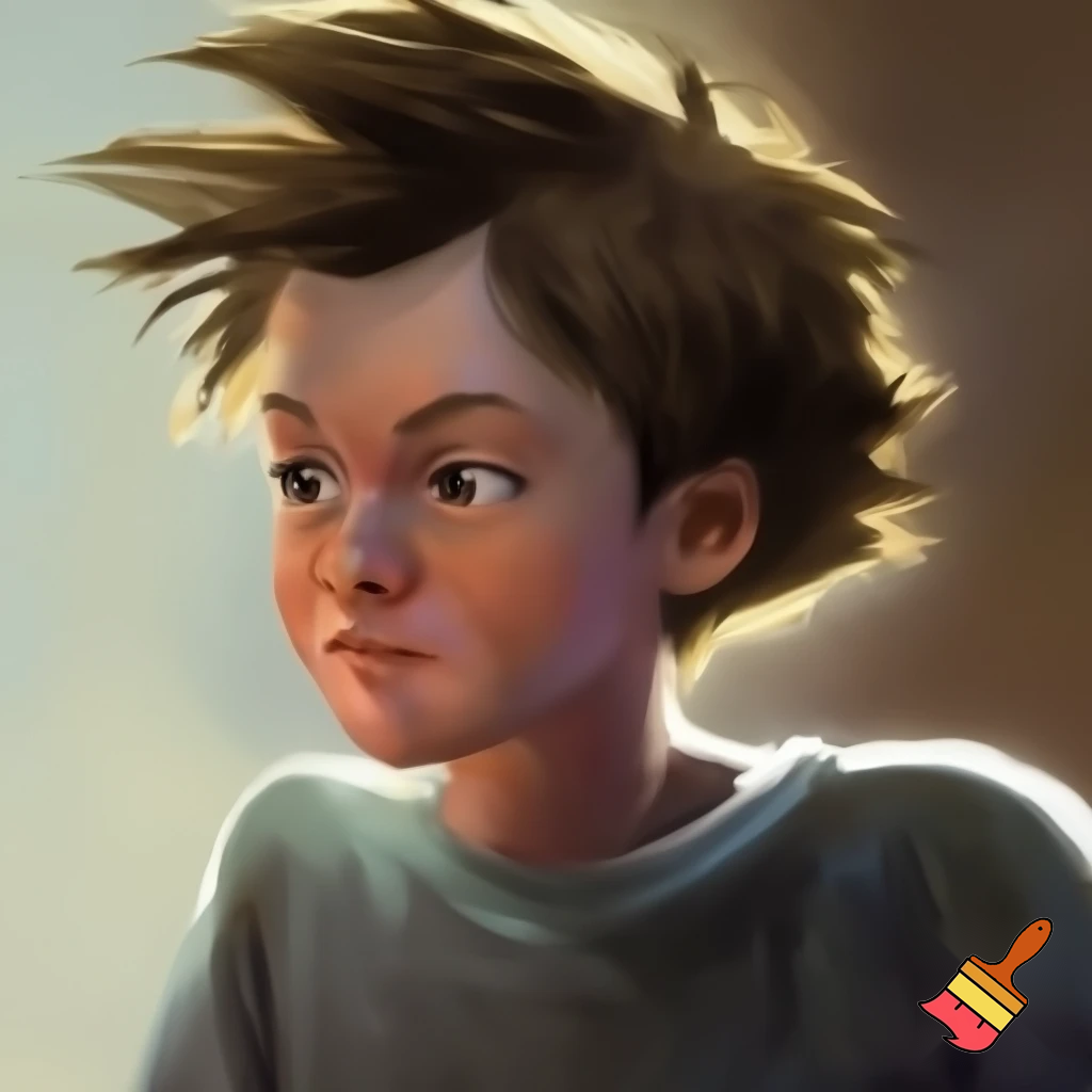 Boy about 11 years old with brown, patchy and sharp hair with dirty shirt