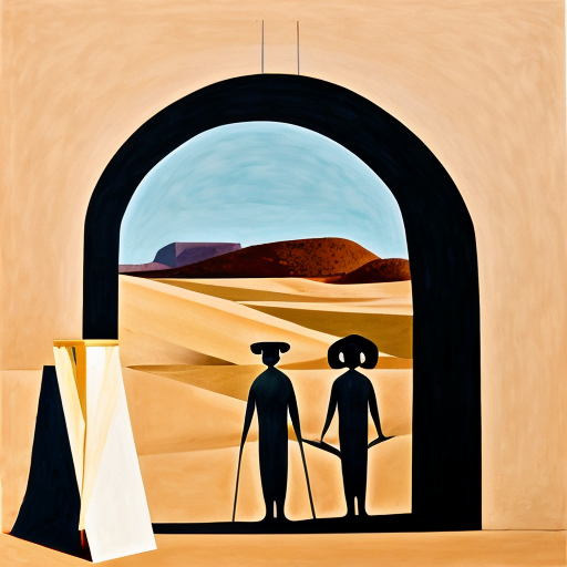 Paint the stones of a desert arch with multiple abstract figures in Tanguy and Matisse style