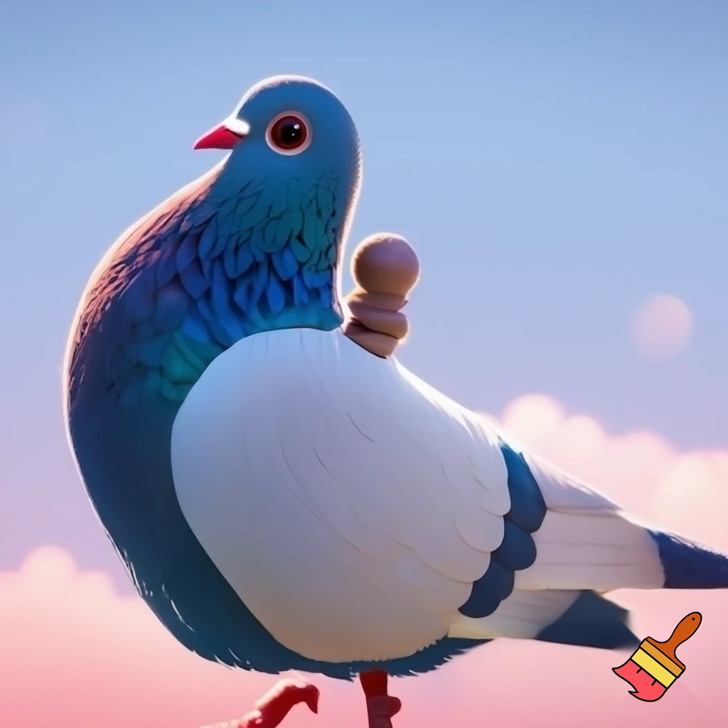 un fantino a cavalcioni di un enorme piccione bianco e blu