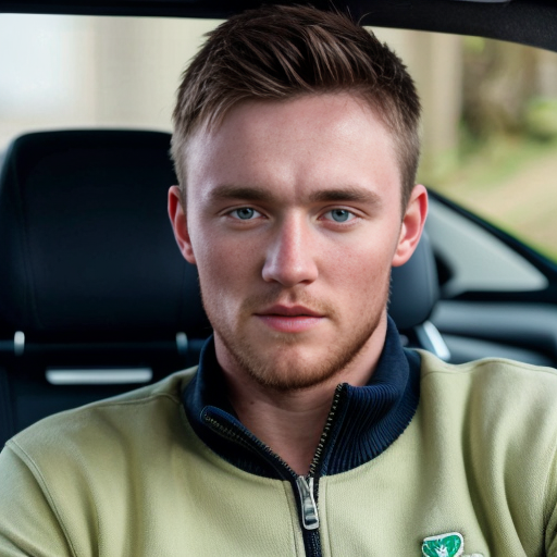 generwate an image of conor macmanus from ireland brown hair 5 ft 6 and from blackrock colage and with a blue quater zip first year driving a ferrrari car no helmet still wearing the quater zip wereing a quaterzip drinking matcha