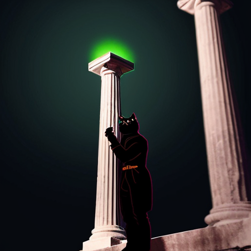 Genera una imagen de una columna griega con de rosas con espinas, las rosas salen desde abajo conforme van subiendo se van degradando hasta perderse en la columna, en la columna quiero que se vea un caballero, en la columna centrado de pie sosteniendo una espada al frente, que el caballero sea parte de la misma columna con el mismo material de la columna, también quiero que los colores sean bioluminiscentes, pero con un estilo gótico, y que haya un gato negro con ojos verdes abajo de la figura del caballero