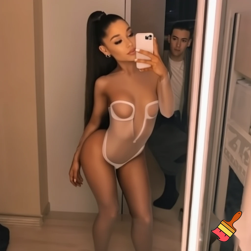 ariana grande wearing a transparent bodysuit holding her phone in the floor selfie ,sexy hot bunny ,her legs are open 