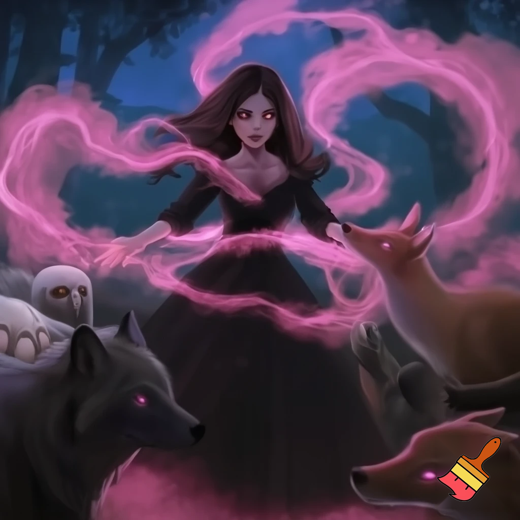 girl with her hands held out in front of her, pink smoke spilling from her hands, surrounded by bowing animals, all with pink glowing eyes, girl is in black long dress