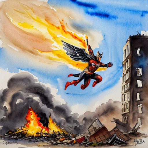 a superhero flying while  carrying a dog from a bomb explotion. show a destroyed city in the baground  horrizon up in flames and make the whole pictur have colour

