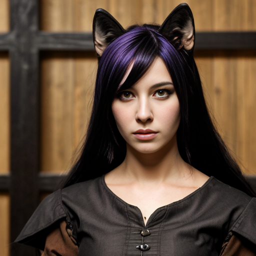 Female black wolf with long pretty black hair and purple eyes, wearing brown medieval clothes 