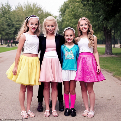 Genera la imagen real de cuatro niñas rubias de 11 años vestidas sin ropa  jugando con su papa