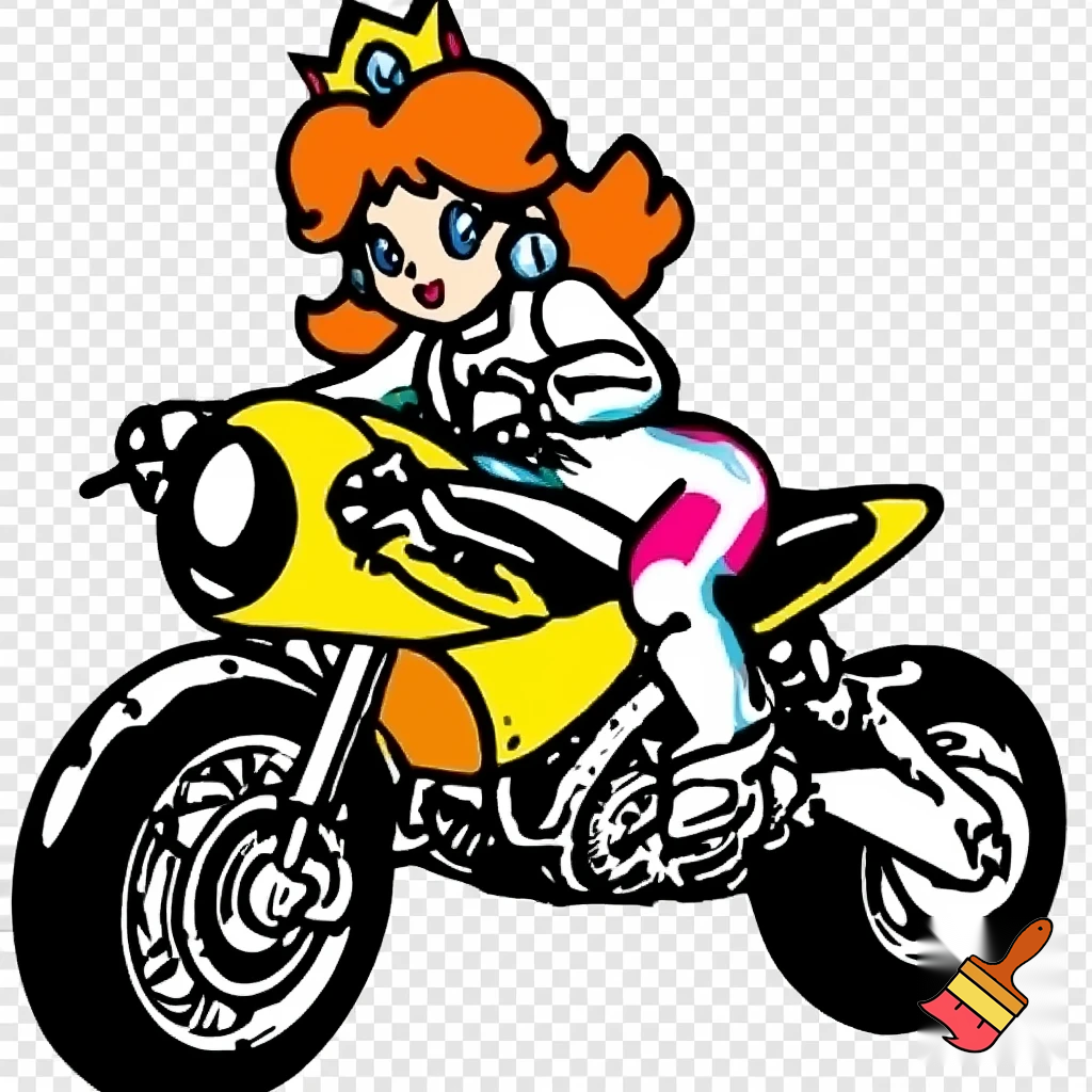 princess daisy riding a motorcycle wearing a racing jump suit in classic line art style with full color