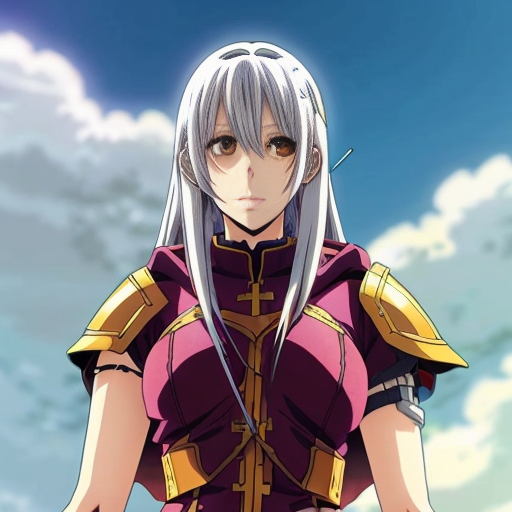 young tall white-haired woman in armor is sad because she lost her knife.