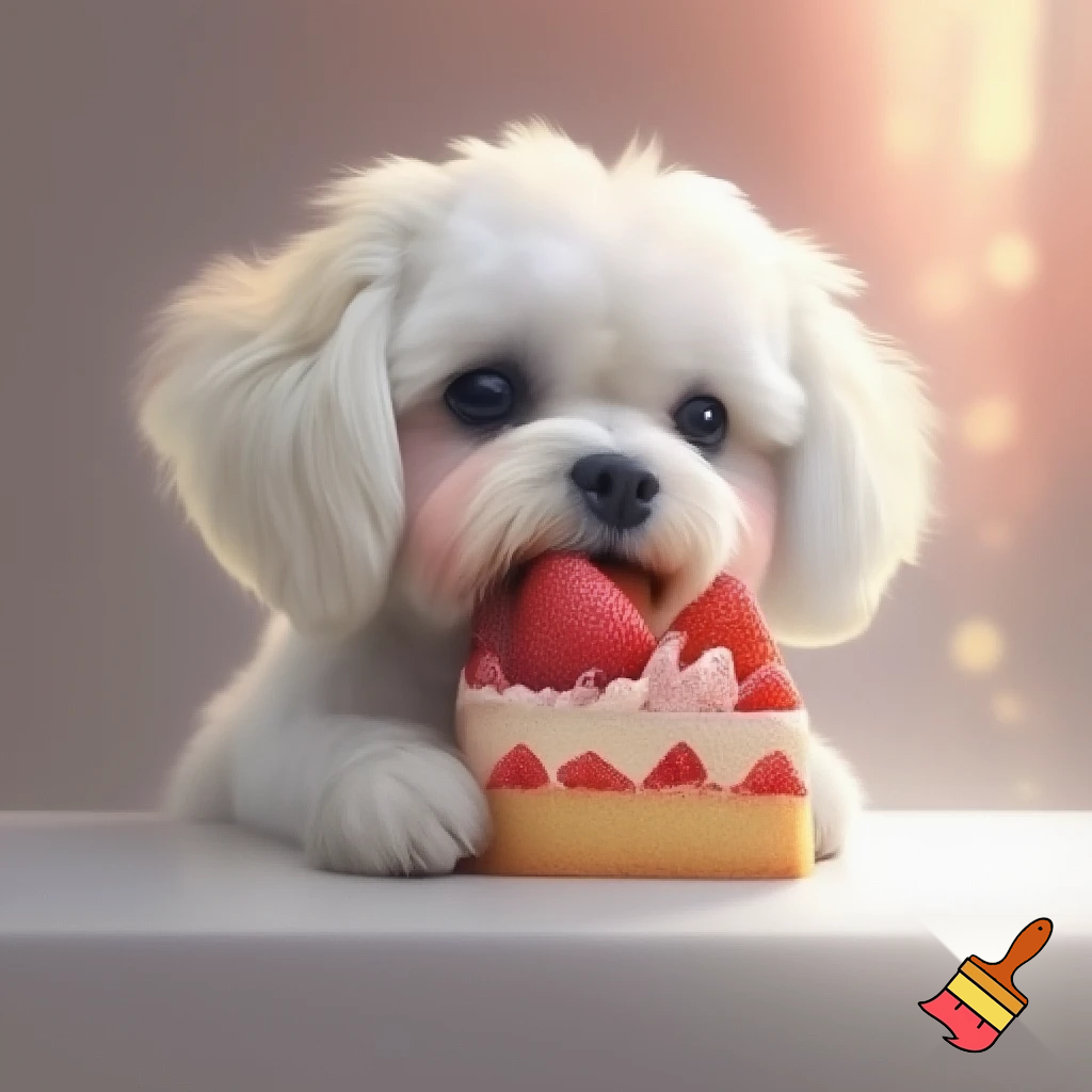 White dog holding strawberry cake
