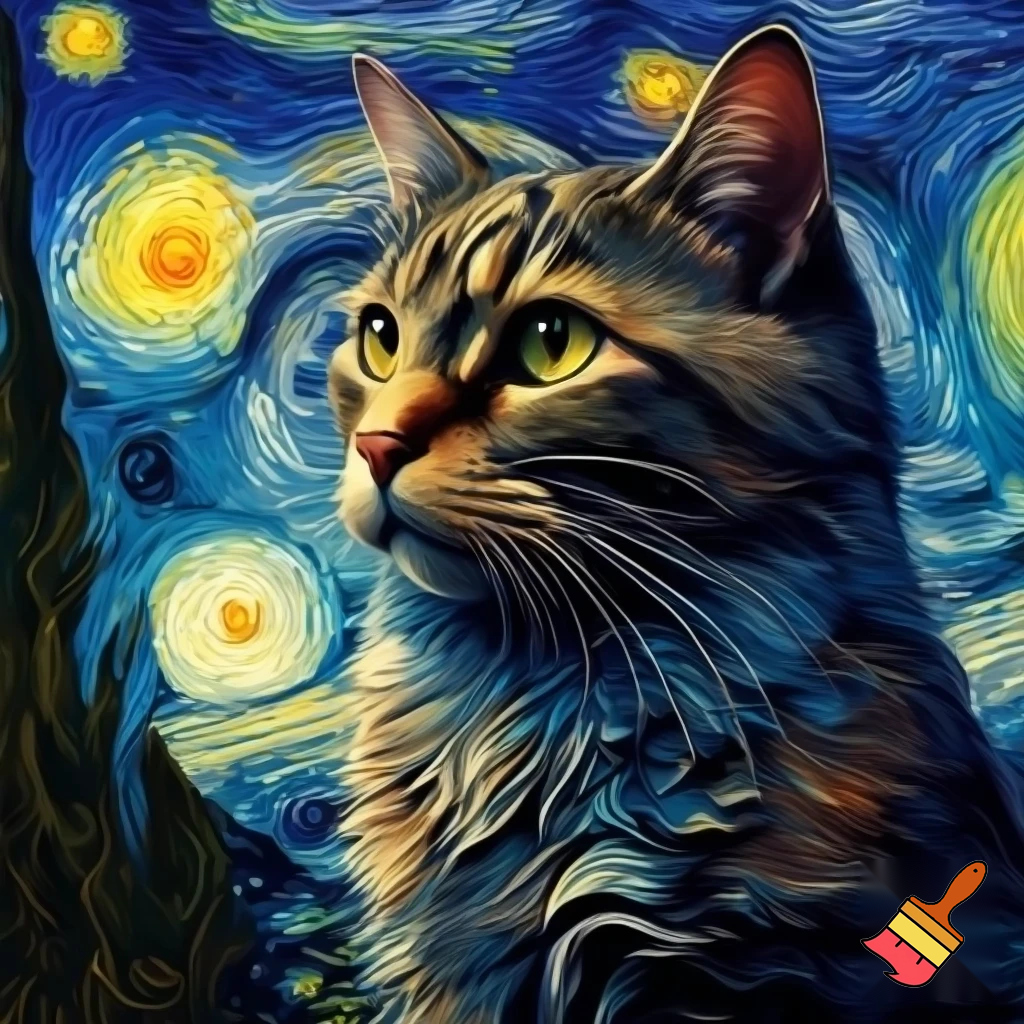 a cat painted into the foreground of the
 starry night in the same style and color palate