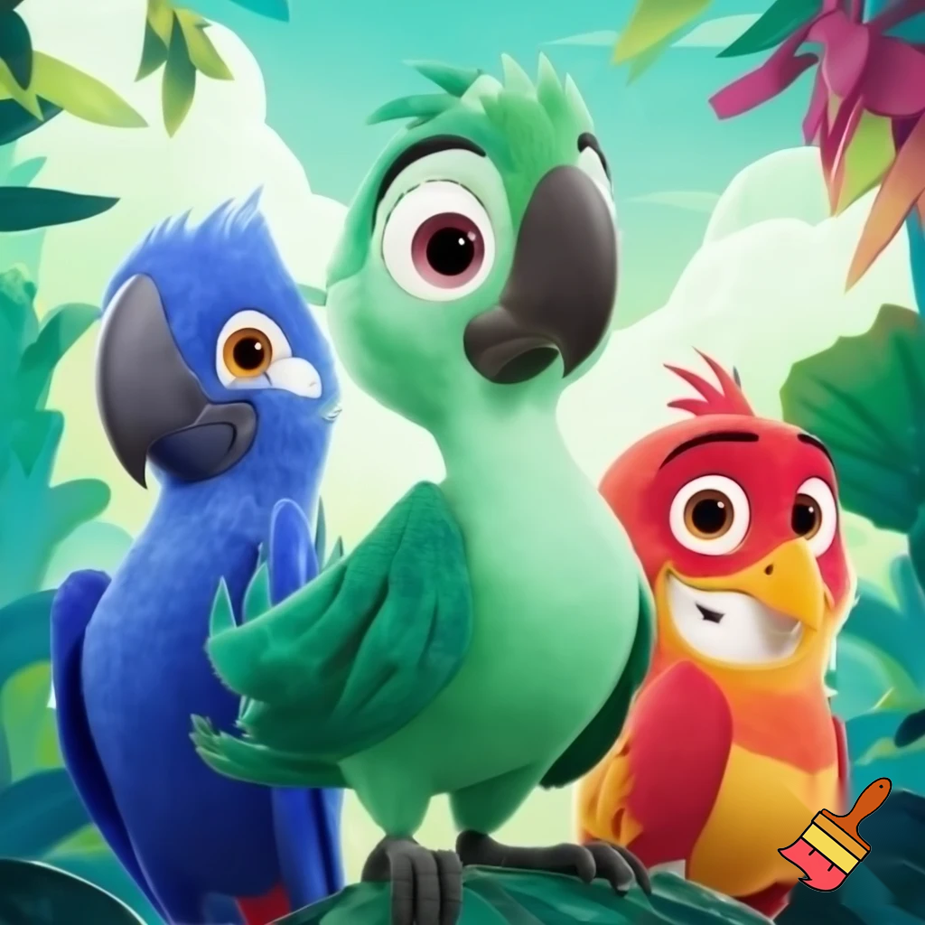 A 2D Cartoon Computer-Animation Poster Shows Three Young Macaws Carla Bia & Tiago