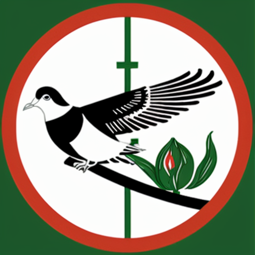 a flag with a dove in the middle and line designs behind the dove and in the mouth have a flower and the background green
