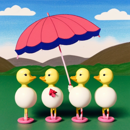 Five little ducks with plain, red bow, blue cap, colour lollipop and purple umbrella went out one day, over the hills and far away.