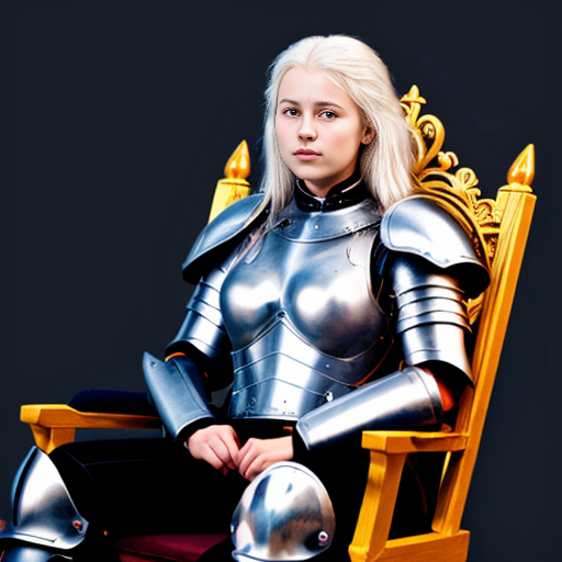 young tall white-haired woman in armor sits on a throne