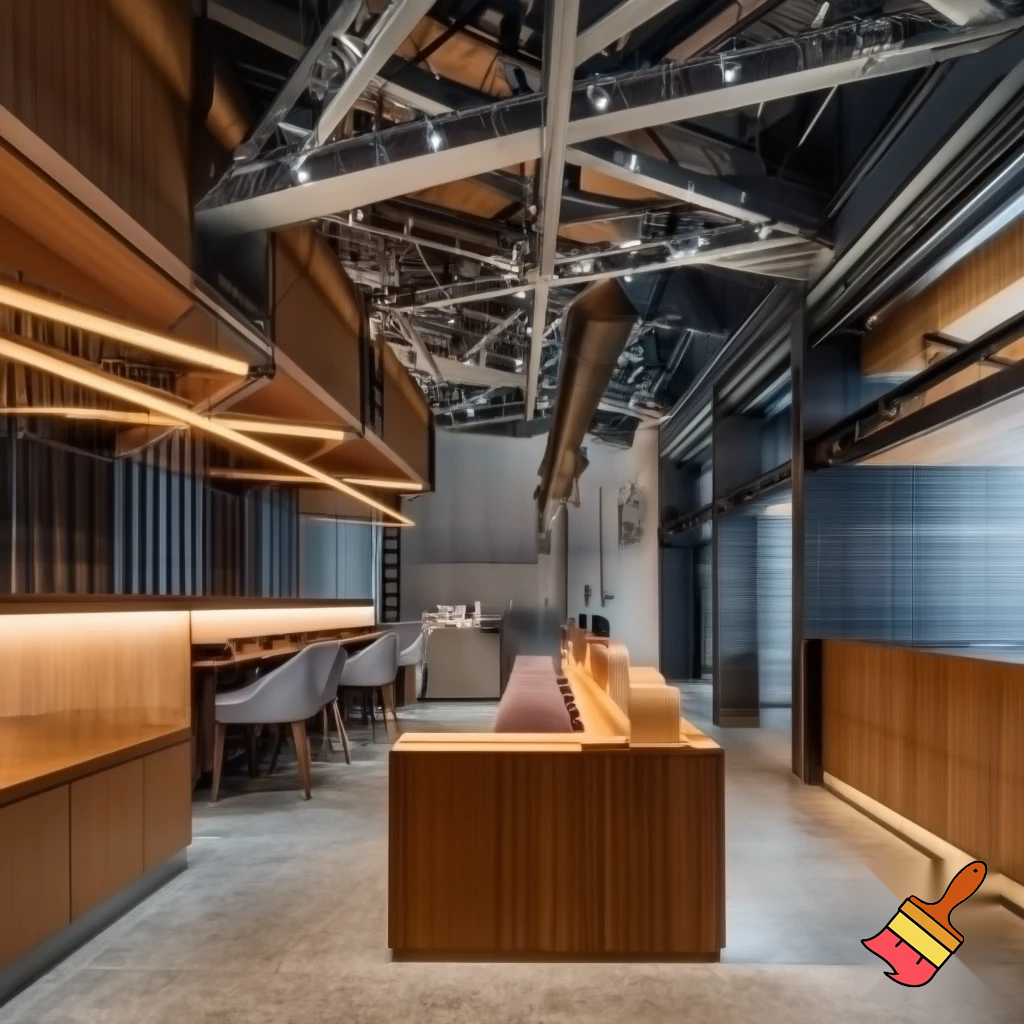 Create a modern coffee shop with strong infleunece in architecture and engineering design with use wood, steel fabrics, ceiling lighting 