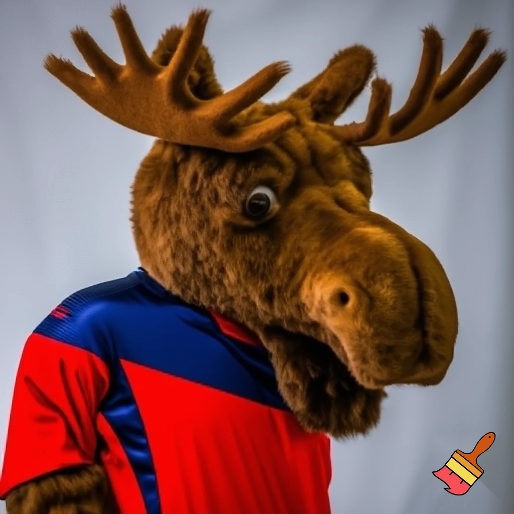moose mascot
 wearing red and blue