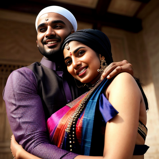 A Hindu Brahmin women in saree with slim muslim man wearing muslim cap Happy tight hug muslim black man 