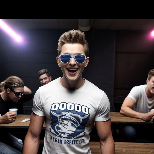 5 Jacked strong lean teen men wearing sunglasses and all of them are wearing white t shirt with dark blue jeans and they are all smiling and laughing in a dark room with party lights on (no one else in the room) (2010s color photo) (realistic photo with a slight shaky effect) and it looks like there is soda on the table. 
