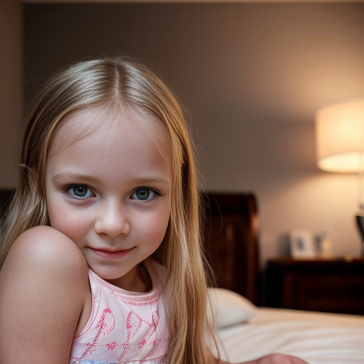 finnish little girl at night dress, very beautiful and eager, long blonde hair, on the bedroom, close up, mom at background
