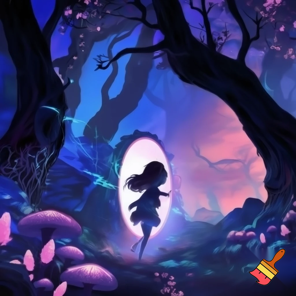 a girl entering a world in an enchanted forest blue, purple ,pink and ,black
 
a girl entering a world in an enchanted forest blue, purple ,pink and ,black
 