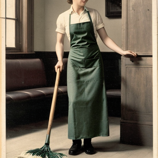 Una cameriera vestita di verde che spazza a terra, con un grembiule ed un foulard intorno ai capelli. Stile 1900
