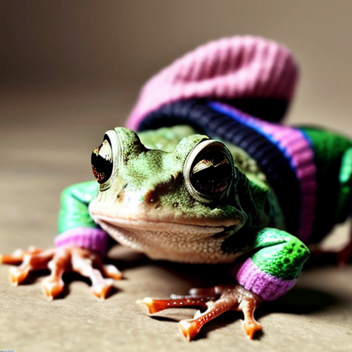 A laughable, puzzled animal toad in woolen, multicoloured winter clothings with woolen winter cap. Hyperrealistic art style.