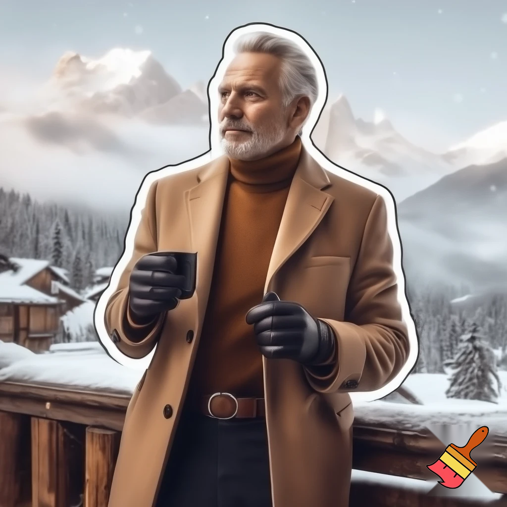 Round illustrated sticker with transparent background and elegant fluid border. A stylish sixty years old man stands on a wooden chalet-style balcony, surrounded by a snowy alpine landscape. He wears a tailored camel overcoat, brown turtleneck sweater, dark trousers, and black leather gloves. A belt with a metallic buckle cinches his waist. He holds a black cup and gazes into the distance with a contemplative expression. In the background: snow-covered trees and rooftops, misty mountains, and soft diffused light. The atmosphere is luxurious and serene. Text: “Buongiorno Brizio” 