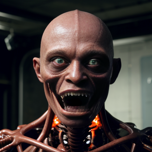 A 9 :16 aspect ratio pic of Photorealistic close-up portrait of a grotesque, skinless biomechanical face made of raw, glistening red muscle, veins, and sinew. Wide staring eyes and a gaping mouth filled with stringy fleshy fibers. The head is encased in a clear glass dome helmet with metallic tubes connecting to the jaw and neck. The creature wears a blue garment at the shoulders. Cinematic lighting, wet textures, highly detailed sci-fi body horror, 8k resolution.