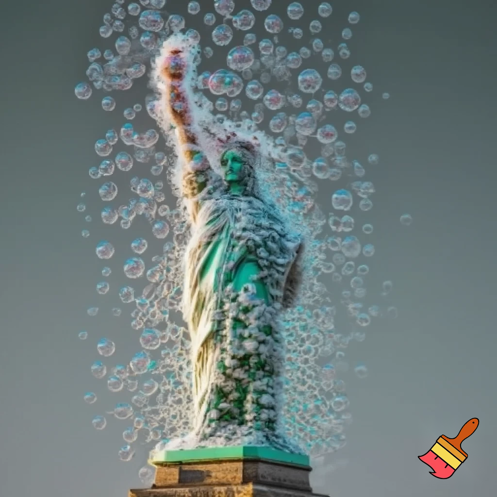 statua della libertà formata solamente da tante piccole bolle di sapone. non deve avere parti che non siano di bolle di sapone. a figura intera