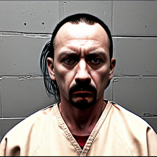 strong tough rat, evil, sinister, wearing prison outfit, mugshot style
