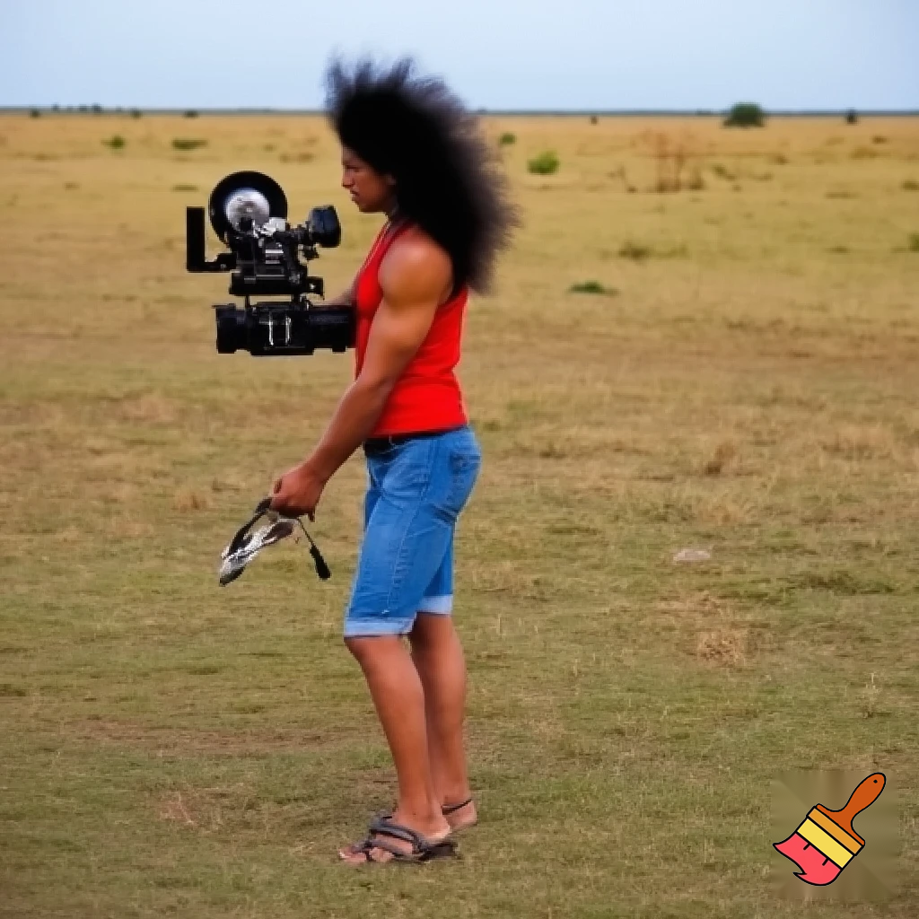 A cute and muscular black-long-and-side-swept-banged-haired fair white woman with arriflex digital camera and wearing red tank top and woman's blue short jeans and putting the sandals on her feet is filmming the plains of the Serengeti in Tanzania.