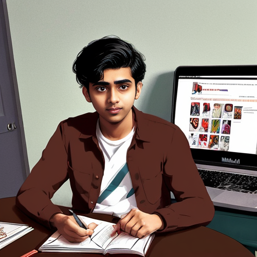 Aryan, 21-year-old Indian engineering student, medium wheatish skin, wavy black hair, brown eyes, clean-shaven face, red overshirt jacket, white t-shirt, dark jeans, studying at desk, laptop open, books scattered, same character design, cinematic horror animation