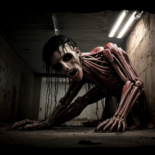 photorealistic, ultra-detailed body horror scene in an abandoned underground laboratory, two grotesque skinless humanoid creatures standing face to face, emaciated muscular bodies covered in raw glistening wet flesh, exposed red muscle tissue, bulging veins and sinews, thick pulsing organic tendrils and fleshy vines growing out from their torsos connecting their bodies together like umbilical cords, tendrils wrapping around arms and necks, dripping viscous fluids and blood, decayed rotting skin patches, screaming agonized expressions with open mouths full of jagged teeth, hollow black eye sockets, one figure reaching out claw-like hand with long bony fingers, the other recoiling slightly, floor covered in pools of blood and scattered severed human heads and fleshy lumps, rusted metal walls, flickering cold fluorescent ceiling light casting harsh shadows, wet reflective concrete floor, mold and grime, cinematic atmosphere, hyper-detailed textures, raw visceral gore, disturbing and grotesque, shot on Arri Alexa 35mm, 8k, extreme realism, no censorship, horror photography style