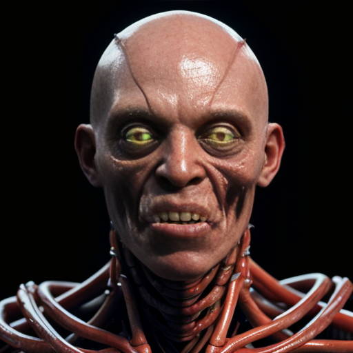 A 9 :16 aspect ratio pic of Photorealistic close-up portrait of a grotesque, skinless biomechanical face made of raw, glistening red muscle, veins, and sinew. Wide staring eyes and a gaping mouth filled with stringy fleshy fibers. The head is encased in a clear glass dome helmet with metallic tubes connecting to the jaw and neck. The creature wears a blue garment at the shoulders. Cinematic lighting, wet textures, highly detailed sci-fi body horror, 8k resolution.