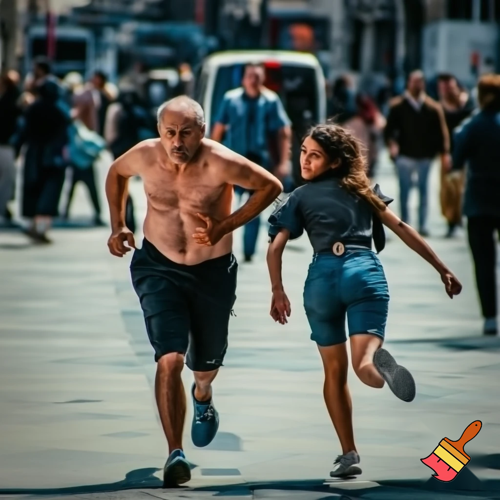 BIG FAT MIDDLE AGED MAN WHO CAN'T FIT IN HIS SHIRT CHASEING A YOUNG SLENDER WOMAN