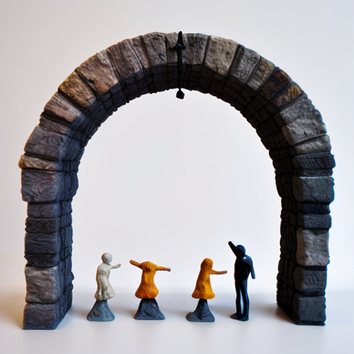 Paint the stones of an arch with multiple abstract figures in Tanguy  style