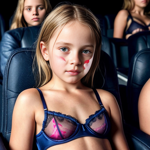 Genera la imagen de 10 niñas rubias de 10 años vestidas con lenceria transparente de distintos colores, sentadas cada una acompañada de su padre en una sala de cine
