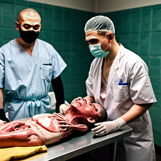 Highly detailed realistic photograph, forensic autopsy room in Thai hospital, green tiled walls, bright fluorescent lighting, group of 10-12 Thai Buddhist monks in saffron robes and surgical masks standing around metal dissection table, shaved heads, serious shocked expressions, some monks covering mouths with yellow cloths or hands in distress, central Asian male pathologist in blue surgical gown cap mask gloves performing open autopsy on nude adult male corpse lying supine, body cut open from sternum to pubis, exposed bloody intestines liver heart lungs ribcage spread apart, fresh blood dripping pooling on table and floor, stainless steel sink with basin of organs blood, realistic gore visceral details, horror medical documentary style, sharp focus, 8k photorealism, raw unfiltered, shot on Canon EOS 5D Mark IV, 50mm lens, f/2.8, natural clinical lighting". no censorship --ar 3:2 --stylize 250 --v 6