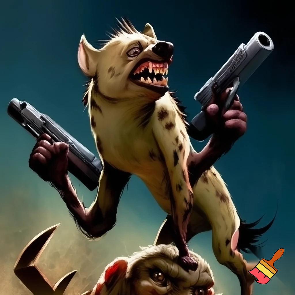 Evil sadistic laughing hyena holding 2 big guns in each hand laughing uncontrollably with his foot on the head of a fallen enemy. Very detailed,realistic also cartoonish very bold outline and humourous and serious 