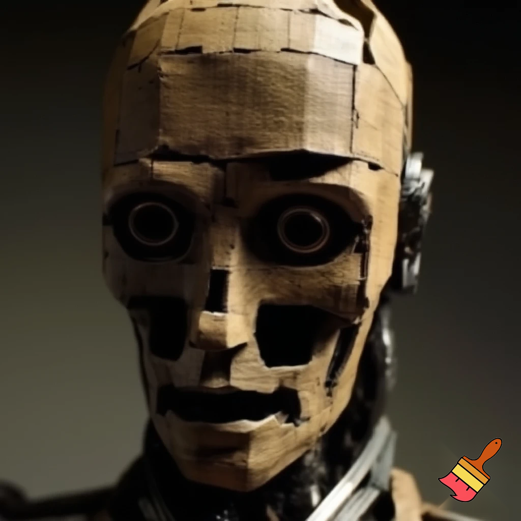 selfi standind robot face opened statue in cardboard