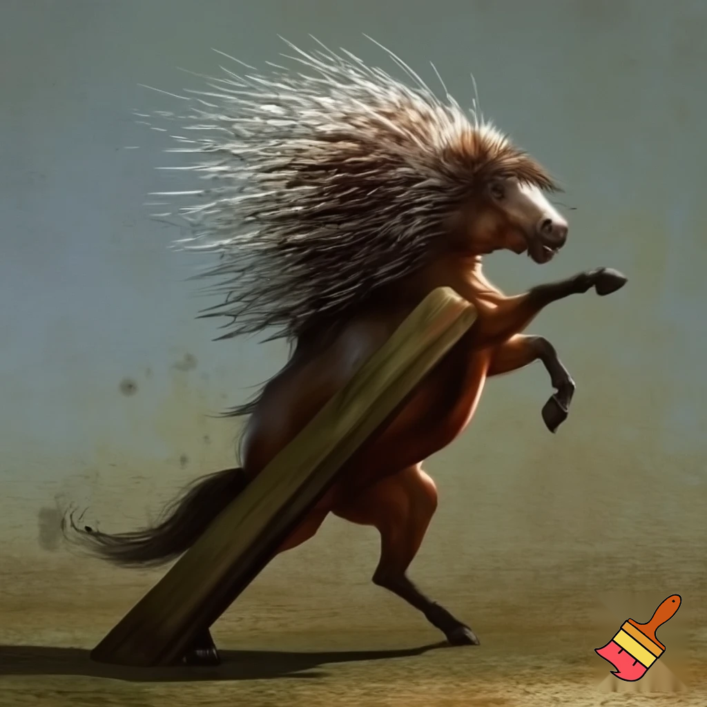 Half porcupine half horse kicking with a wooden board