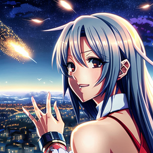 white-haired woman watches as meteorites fall on her castle