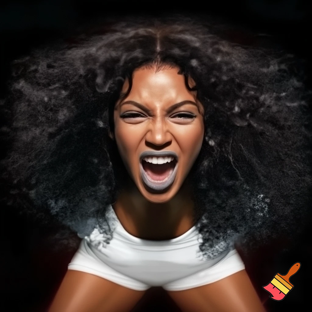 Beyonce with black short curly hair wearing a white shirt with shorts in a black setting moving screaming in a  bar ,she should be angry expression & furious, close up ,she is with grey lipstick ,close up of her face 