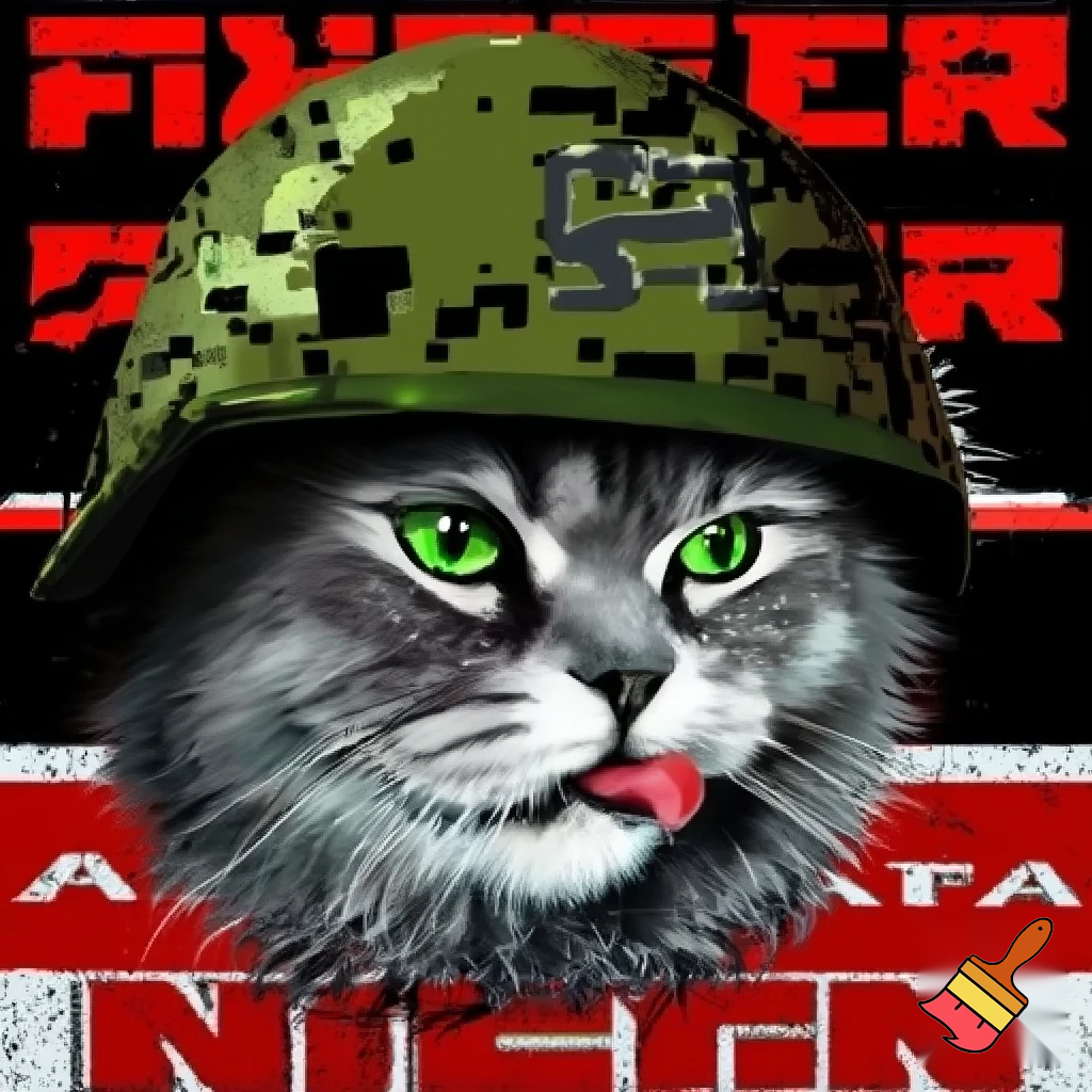 A hyper-realistic close-up portrait of a fluffy gray Siberian cat with bright green eyes, sticking its tongue out playfully. The cat is wearing a digital pixelated camouflage military helmet. The style is a Soviet-era military propaganda poster or socialist realism, with bold stylized graphics, high contrast, and a limited color palette of olive green, black, red, and white. In the background, bold Cyrillic text in red and white: at the top "БООРУЖЕННЫЕ СИЛЫ РОССИИ" (Armed Forces of Russia) and at the bottom "KAMAZ". The letter "Z" is prominently displayed on the side of the helmet or in the background. The image has a slightly grainy, vintage print texture. The mood is ironic and humorous, mixing cuteness with military aesthetics. --style raw --ar 2:3