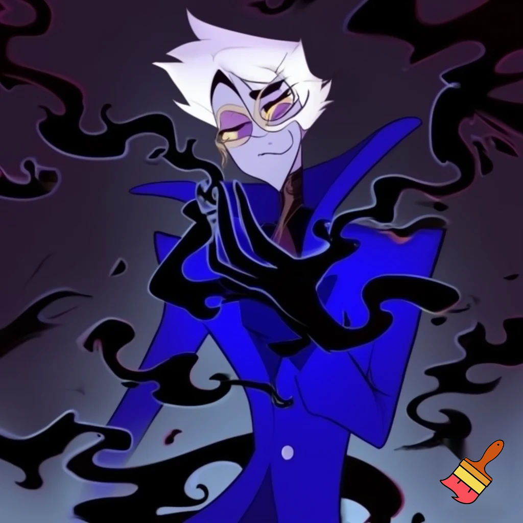 A tall, lean pale man with white hair, distinctive round brass glasses he has a stern look on his face. his face In cartoonish art style of hazbin hotel wearing his signature blue overcoat with black sinister smoke curling around him his hand reaching out, producing the black sinister smoke