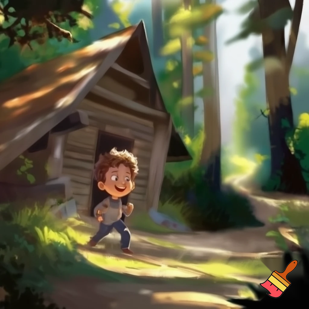 A kid that is in a front of a cabin and he is 11 years old 