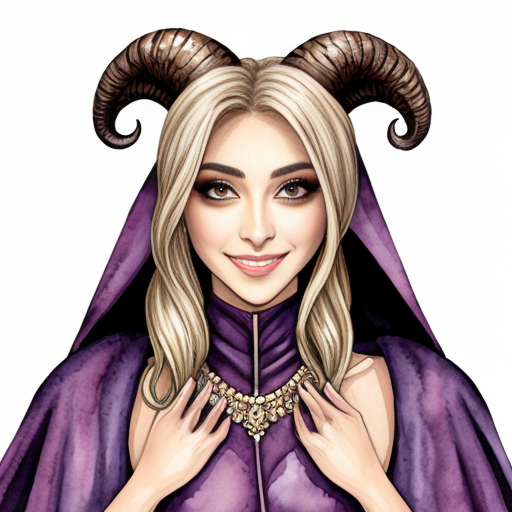 A elegantly beautiful seven-foot tall, lavender-pink skinned Tiefling with ram-like horns, long wavey blond hair and a curvaceous figure. She is dressed for a long journey on the road, with many assorted shiny bobbles worn like jewelry and as adornments on her cloak and around her waist. She has a cheerful smile and jovial ruby eyes. In the art style of a well-drawn comic or anime character.