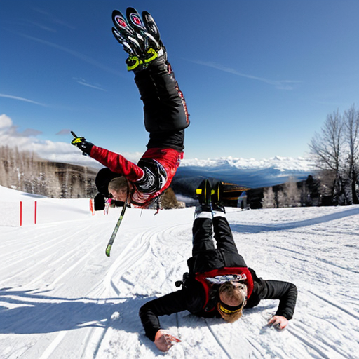 Erstelle ein Bild wo zwei Freunde mit den Ski Bei einer Schanze einen Backflip machen im Schnee