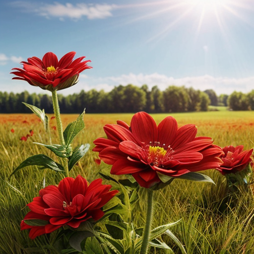red flowers in a sunny meadow, photorealistic